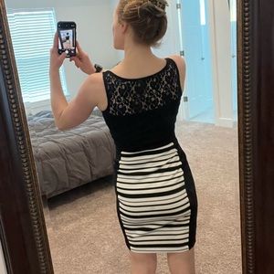 Black and white stripe dress with black lace back detailing